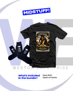 Black t-shirt with a graphic design and two pairs of socks on a white background with 'MIDSTUFF!' branding.